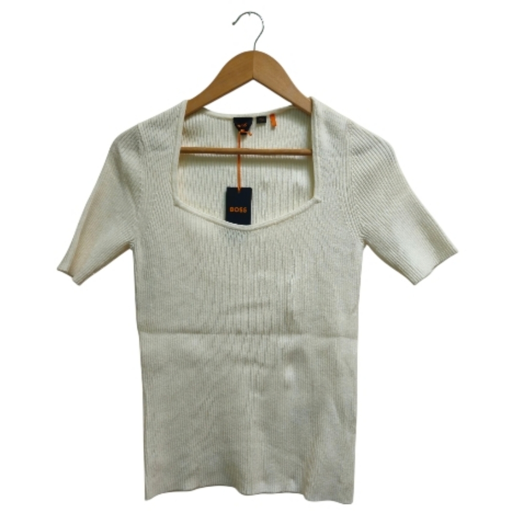 BOSS Hugo Boss Women's Size M Ribbed Knit Sweater Top Square Neck Cream NWT - Picture 3 of 10